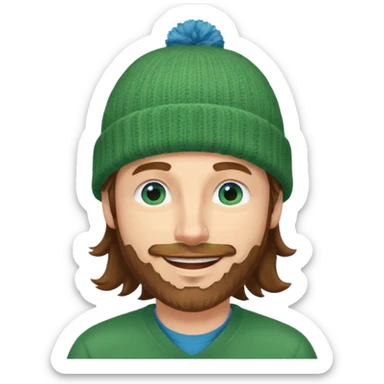white man
aged 40,
Blue eyes, 
mid length brown wavy hair,
Green beanie hat,
Stubble
Smiling and winking sticker