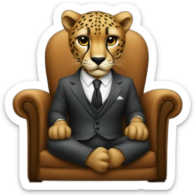 A cheetah wearing a suit looking straight while sitting in a chair sticker