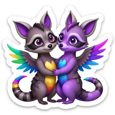 2 black female raccoon dragon hybrids with rainbow colored wings and purple eyes hugging sticker