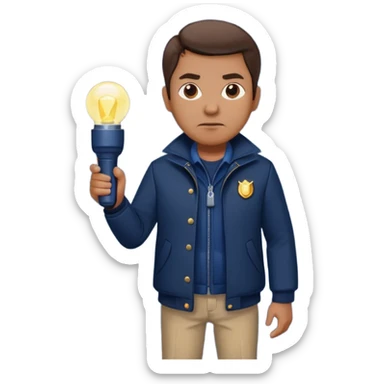 Security, Middle-aged, wearing navy blue jacket, serious facial expression, holding flashlight, full body sticker