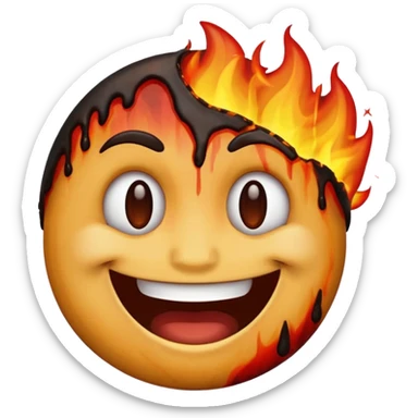 A emoji with half of his face burnt with the emoji having a big grin sticker