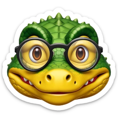 Cocodrilo con boca cerrada mirando de frente que tengan lentes negros y oscuros y sea color amarillo con fondo blanco sticker