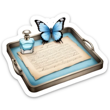 A nostalgic evening scene where an open love letter, with elegantly fading ink, lies next to a silver tray holding a vintage perfume bottle. A single pale blue butterfly lands gently on the aged parchment, as the soft scent of jasmine and peonies fills the air. sticker