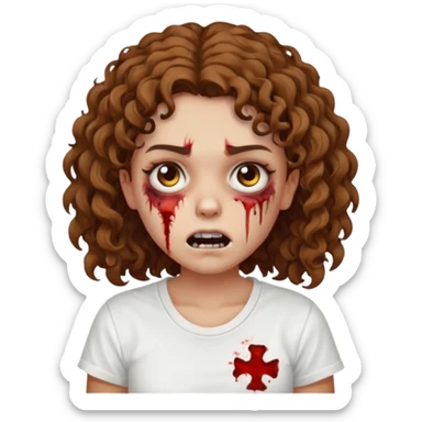 Zombie girl with curly brown hair como emoji de iphone y con la boca un poco lastimada haz que tenga una simple remera blanca puesta sticker