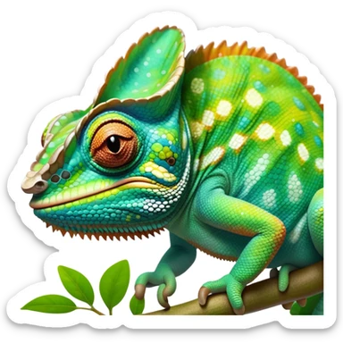 cinematic giant-smiling. chameleon-realistic emoji,-blending-with-vibrant-greenery.-detailed-scales-in-shifting-colors,-showing-the-chameleon’s-ability-to-camouflage.-soft-natural-light-highlights-its-texture.-light-background, zoomed into its face sticker