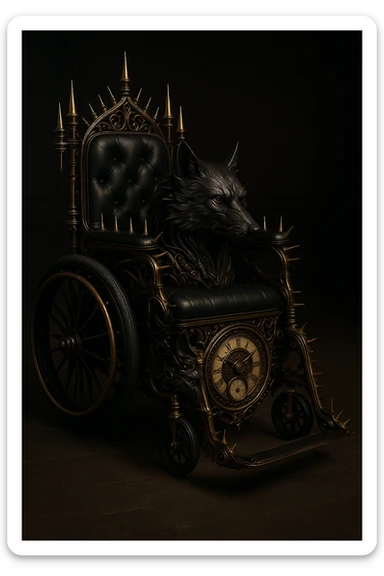 Add a gothic steampunk wolf detail to the wheelchair, keeping intricate clockwork, black leather, spiked accents, and a vintage style. The image should convey a gothic steampunk vibe with detailed mechanical and leather elements. sticker