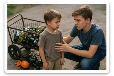 g'ildiragi singan ichimliklar ortilgan arava bir baloni singan uni yonida aka uka havotirli nigoh bilan bir biriga qarab turishibdi realistik qilib ber sticker