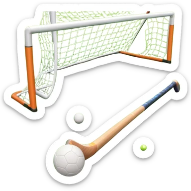 A field hockey stick and ball resting on a well-maintained green grass field, with the goalposts and markings visible in the background. The scene highlights the precision and focus of the sport, with the vibrant green pitch creating a dynamic atmosphere. sticker