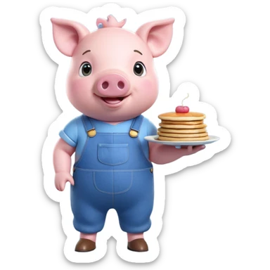 A cute 3D cartoon pig character with a big round nose, pink cheeks, and expressive eyes, standing upright in blue overalls. The pig has two small ears on top of its head, a friendly smile, and is holding pancakes with syrup and butter in both hands. The style is bright, playful, and similar to animated children's TV characters. White background. sticker