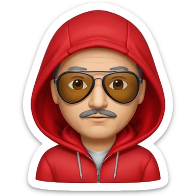 50-year-old man with slight stubble on upper lip, black aviator sunglasses, wearing a red hoodie with hood up sticker