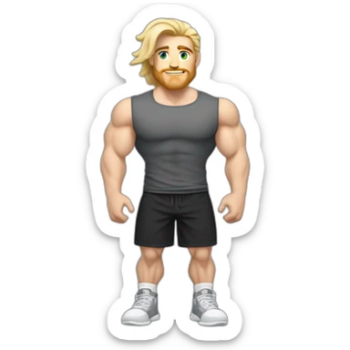Full height Pale skinned fit man With Wide jaw, biceps and blonde hair In dark gray sleeveless mike, black oversize sports shorts, watch and white sneakers. his arms crossed over his chest sticker