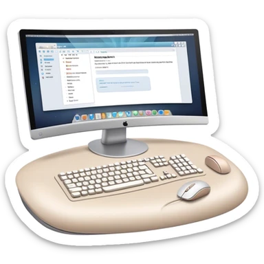Create an emoji for UX/UI design. Large curved monitor, displaying UX/UI design interface. Include a mouse, keyboard, and stylus, symbolizing the design process. Use modern, professional colors. Do not include any emojis or smiley faces. Make the background transparent. sticker