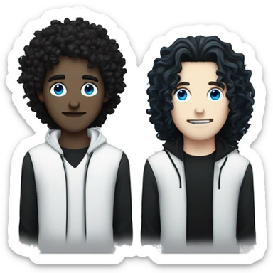 A white goth guy with curly black long hair and blue eyes and a black grunge guy with curly black long hair and they're a couple sticker