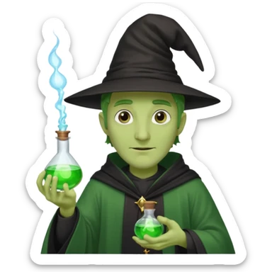 Green-skinned male wizard with a long nose, wearing a black hat and robe, holding a glowing potion bottle sticker