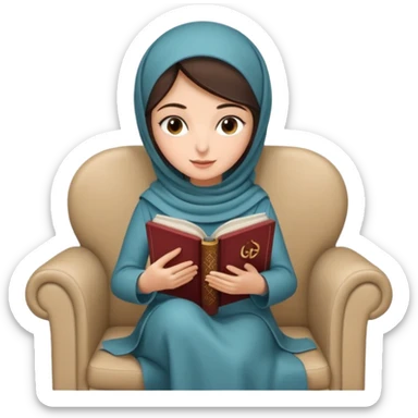 Beautiful brunette Turkish Muslim with fair skin sitting on a beige chair reading Quran  sticker