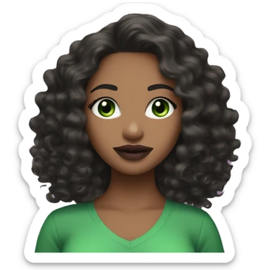 Create an emoji-style character of a white girl with bright green eyes, long black curly or wavy hair, wearing hoop earrings. She has a green v-neck top, wears mascara, and is styled with soft pink mauve lipstick sticker