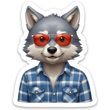 head and shoulders friendly anthropomorphised wolf in plaid shirt and jeans, wearing dark sunglasses, relaxed pose sticker