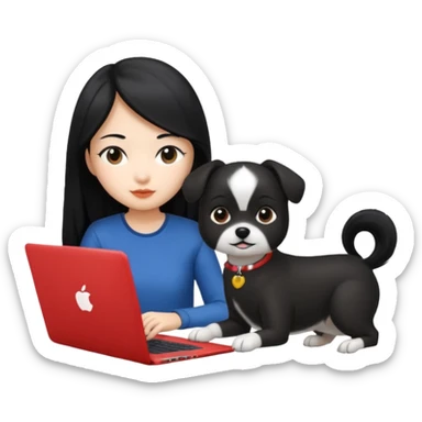 Asian girl with long black hair working on an Apple laptop, next to her is a small black and white dog sticker