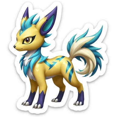 Shiny colorful exotic Feral Scaly Striking Slaying Badass Evil Handsome Lightning-patterned Zig-zagged buzzy fuzzy Meloetta-Renamon-Luxray-Cobalion-Suicune-Vernid-fusion-hybrid-creature, full body  sticker