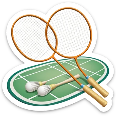 Two crossed badminton rackets with a shuttlecock resting in between, set against the faint outline of a badminton court. The image highlights the tools of the sport, with a subtle emphasis on the court's net and boundaries, symbolizing competition and skill. sticker