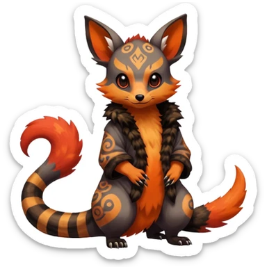 Rare warm-colored exotic cute epic aesthetic gothic colorful Salandit-Eevee-Civet-species-Fakemon-hybrid-creature, with intricate tattoo markings, full body sticker