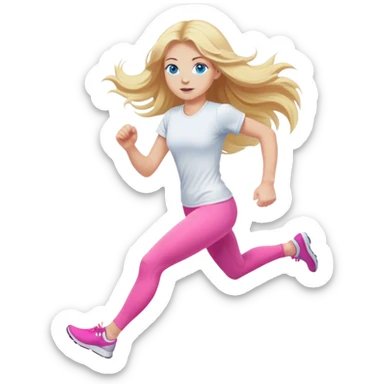 Cinematic realistic blonde with long hair and blue eyes, dressed in pink leggings and a white T-shirt, runs sticker