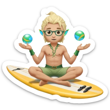 elf male legolas sitting on surfboard (ashore), hands manipulating two orbs of swirling seawater giving a "massage" to his own shoulders, wearing relaxed linen shorts over swimwear, tinted elven sunglasses, pointy ears, content expression, centered emoji sticker