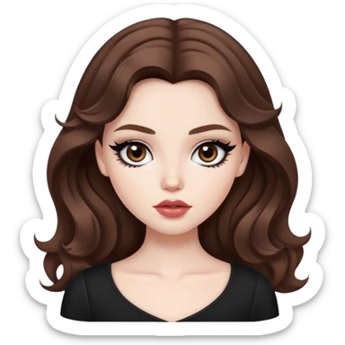 wavy brown hair, pretty lips, pale skin,  dark brown eyes, pretty bratz baddie, black eyeliner sticker