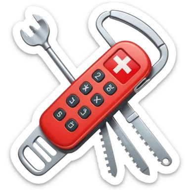 swiss army knife emoji where each tool has an icon: calculator for bookkeeping, credit card for payments, headset for customer service, sales graph for sales, theme of outgoing calls to customers for e-conomic, friendly and professional style sticker