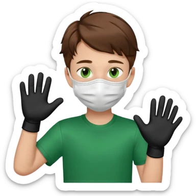 Chico de pelo marrón y ojos verdes, con un cubre boca, que tiene una camisa verde por encima de una remera blanca, y tiene un guante negro en una sola de las manos. Estilo animado sticker