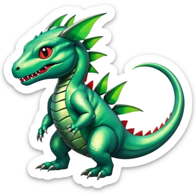 Cute Shiny green iridescent Guilmon-Salandit-Fakémon-hybrid-creature (full body)  sticker
