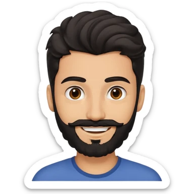 young fair skin pakistani guy smiling with black beard, wavy hair pushed back and brown eyes and thick eyebrows sticker