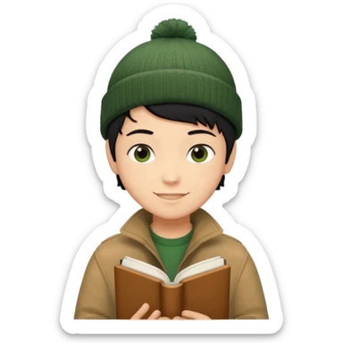 tan skin, non binary man with pixie cut black hair, wearing brown jacket and dark green beanie, shy smile , holding up  book  sticker