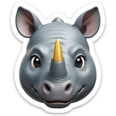 Cinematic Cute Rhinoceros Portrait Emoji, Head tilted playfully and inquisitively, featuring a rugged, glossy slate-gray hide with a gentle, rounded white horn and round, sparkling eyes filled with curious wonder, Simplified yet irresistibly adorable features, highly detailed, glowing with a warm, friendly glow, high shine, affectionate and mighty, stylized with a touch of ancient charm, bright and endearing, soft glowing outline, capturing the essence of a mischievous yet loving rhinoceros, so playful it feels like it could stomp out of the screen and into your arms! sticker