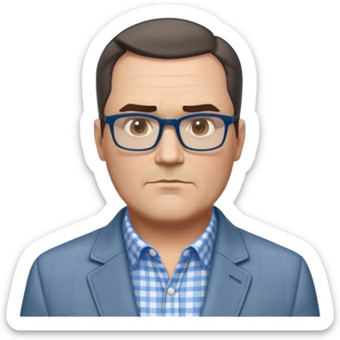 50-year-old heavyset man with very wide face and prominent square jawline. Short straight hair combed to the side, not balding. Large dark square glasses. Serious-relaxed expression. Light gray jacket that fits his larger frame, white shirt with blue checkered pattern. sticker