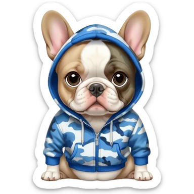 Blue and white French bulldog with camo hoodie on sticker