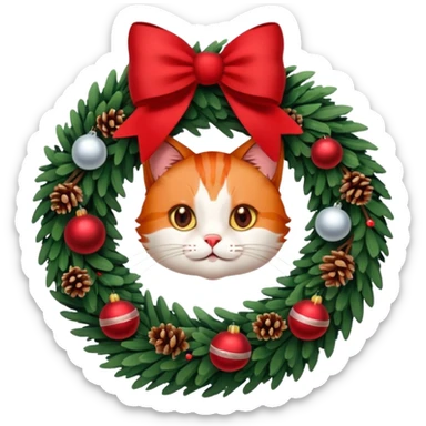 A Christmas wreath made entirely of fir trees, decorated with a red bow at the bottom, pine cones and Christmas tree balls, and a cat poking its face through the hole in the center. sticker