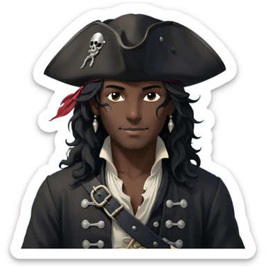 A charismatic pirate with wavy black hair that falls just past his shoulders, tousled slightly by the sea breeze. He wears a black tricorn hat with subtle silver embroidery along the edges, casting a shadow over his sharp, confident features. His piercing dark eyes glint with mischief as he gazes to the side, a knowing smile playing at his lips. His well-fitted black coat, adorned with polished silver buttons and intricate stitching, moves slightly with the wind, revealing glimpses of a deep-crimson waistcoat underneath. A silver chain dangles from his belt, catching the dim golden light of the setting sun. His posture is relaxed yet assured, exuding effortless charm as if he owns the sea itself. sticker