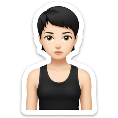 a white woman with short tomboy black hair wearing men's black tank top sticker