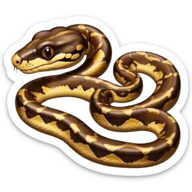 A photo-realistic digital illustration of a Ball Python, large headshot portrait. The snake has a short, rounded snout and smooth, soft contours, with a gentle, inquisitive expression that gives it a slightly playful charm. Its head is warm brown with bold, irregular dark markings. sticker