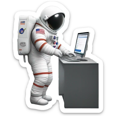 a full-length astronaut reaches for a computer sticker