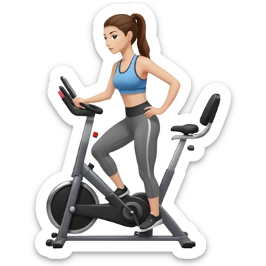 woman with long brown hair pulled back, fair skin, wearing ankle-length leggings on a stationary bike sticker
