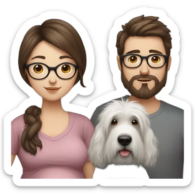 Hyperrealist Pregnant girl with half long brown hair with glasses, a boy with long beard, glasses and short hair and english sheepdog sticker