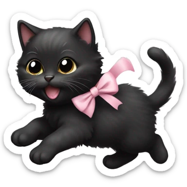 fluffy black fat kitten running with pale pink bow sticker