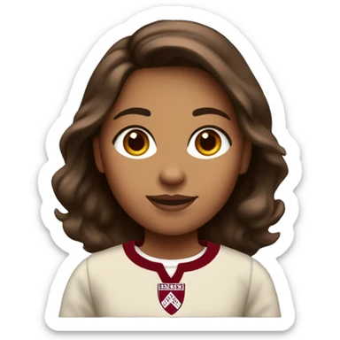 Girl with tan skin and brown hair wearing a dark red and white Harvard University sweater sticker