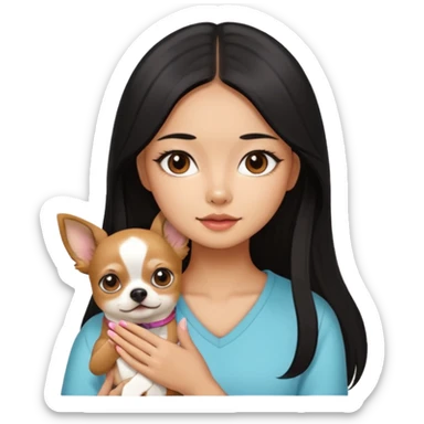 a pretty Asian girl with manicure holding a chihuahua in her, with the face of "i dont care" sticker