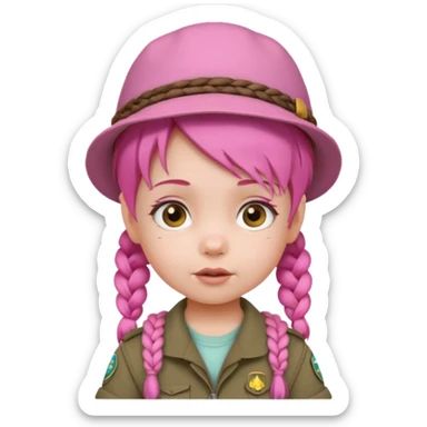 very small baby scout girl with pink hair and scout hat and braids sticker