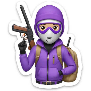 YN character in a ski mask, holding a pistol, purple jeans, Sprayground backpack sticker