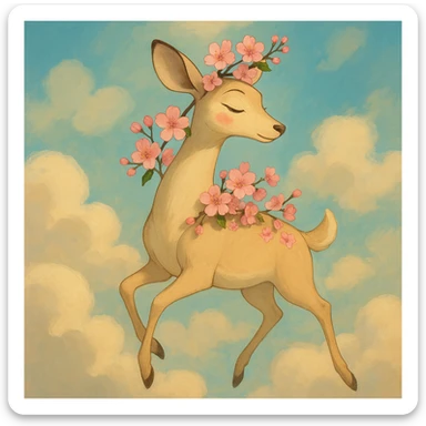 elegant feminine adult vanilla cloud doe with rosy cheeks and cherry flowers, floating gracefully, dreamy blend of Ghibli and Pixar influences sticker
