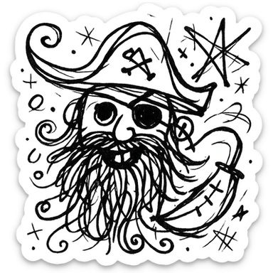 A pirate with a long beard, chaotic doodle style, playful and irregular lines sticker